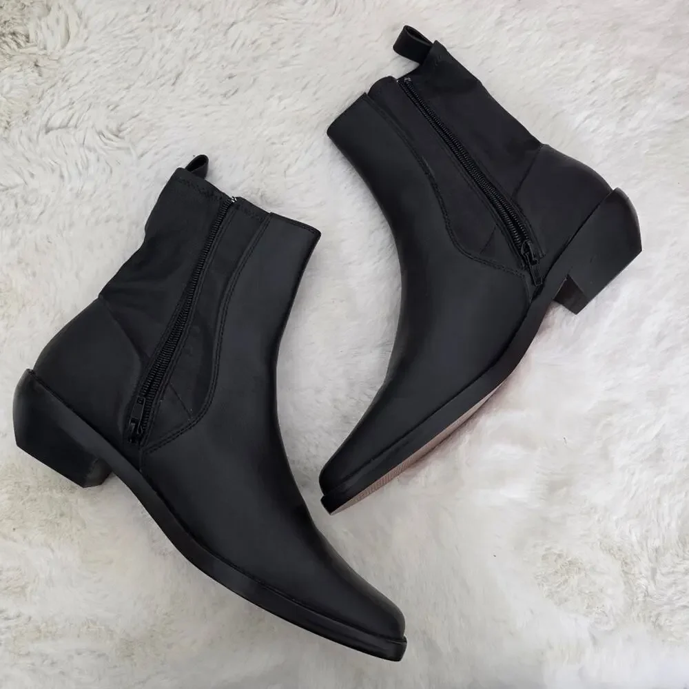 Madewell Idris True Black Leather Ankle Booties Stretchy Panel Block Heel Size 8